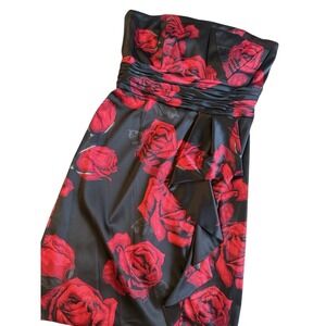 WHBM Womens 6 Corsett Dress Black Red Rose Satin Ruffle Strapless Elegant Bold